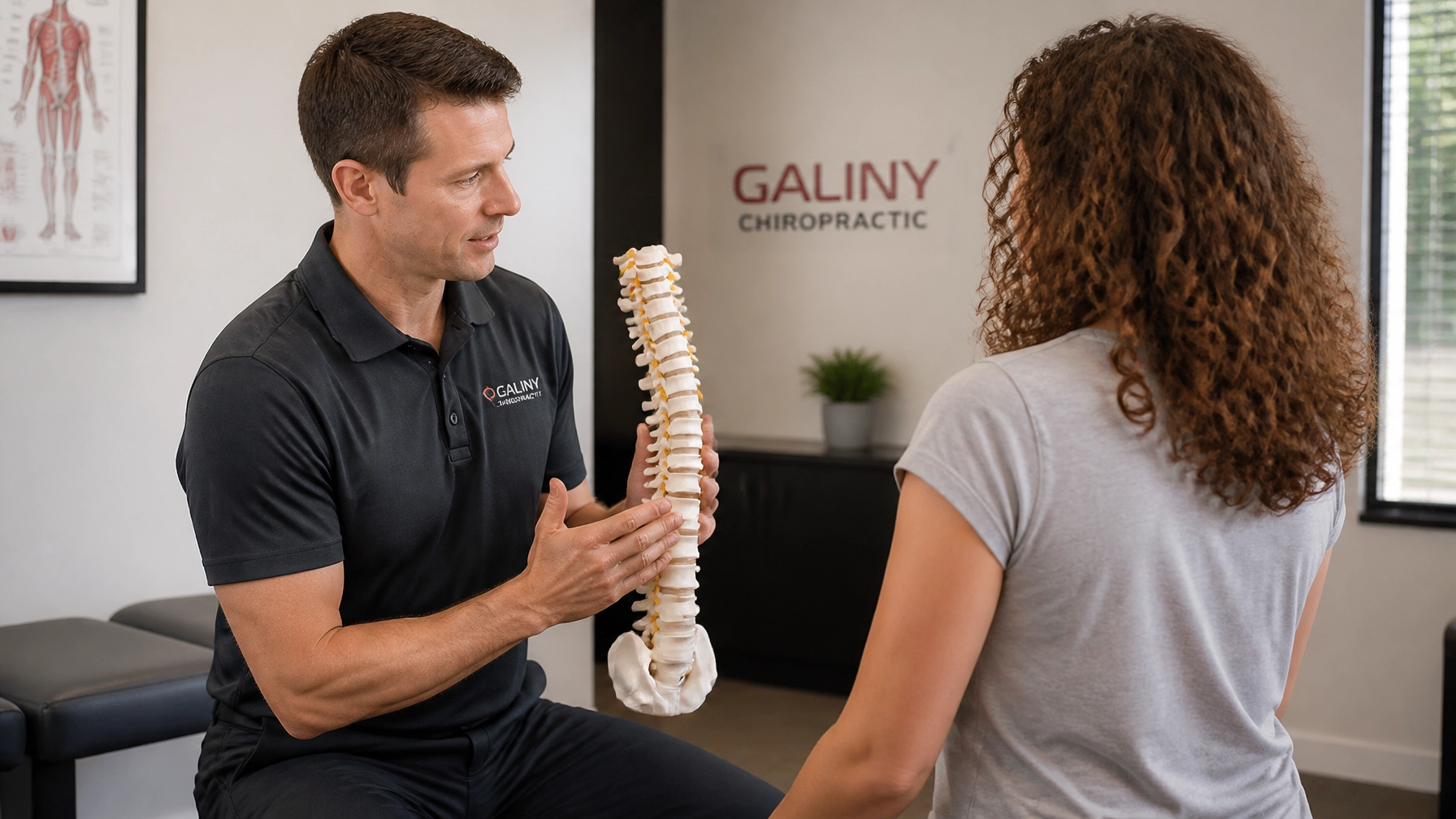 Chiropractor showing a human spine model to a patient in a clinic, discussing posture or treatment.