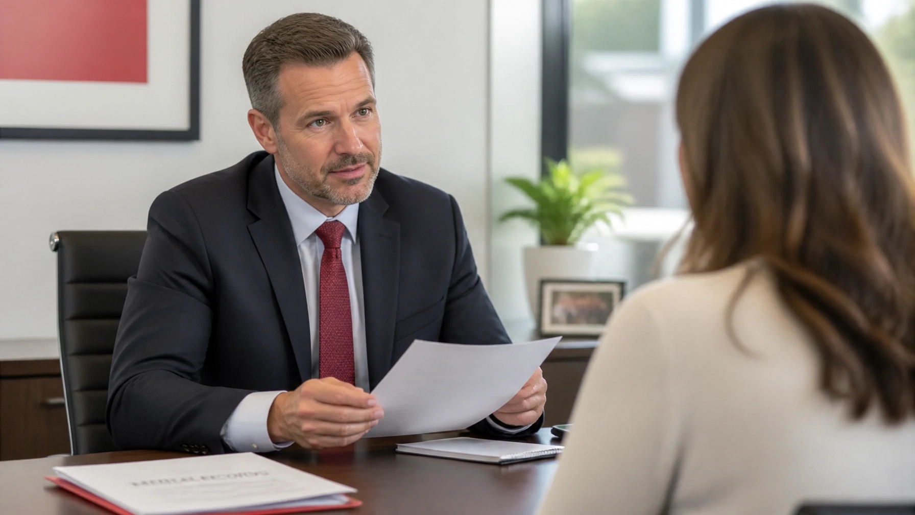 Man in a dark suit and red tie sits at a desk, handing a document to a woman seen from behind in an office setting.
