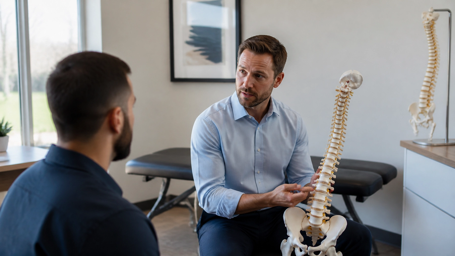 Chiropractor shows patient a detailed spine model during a consultation in a clinic.