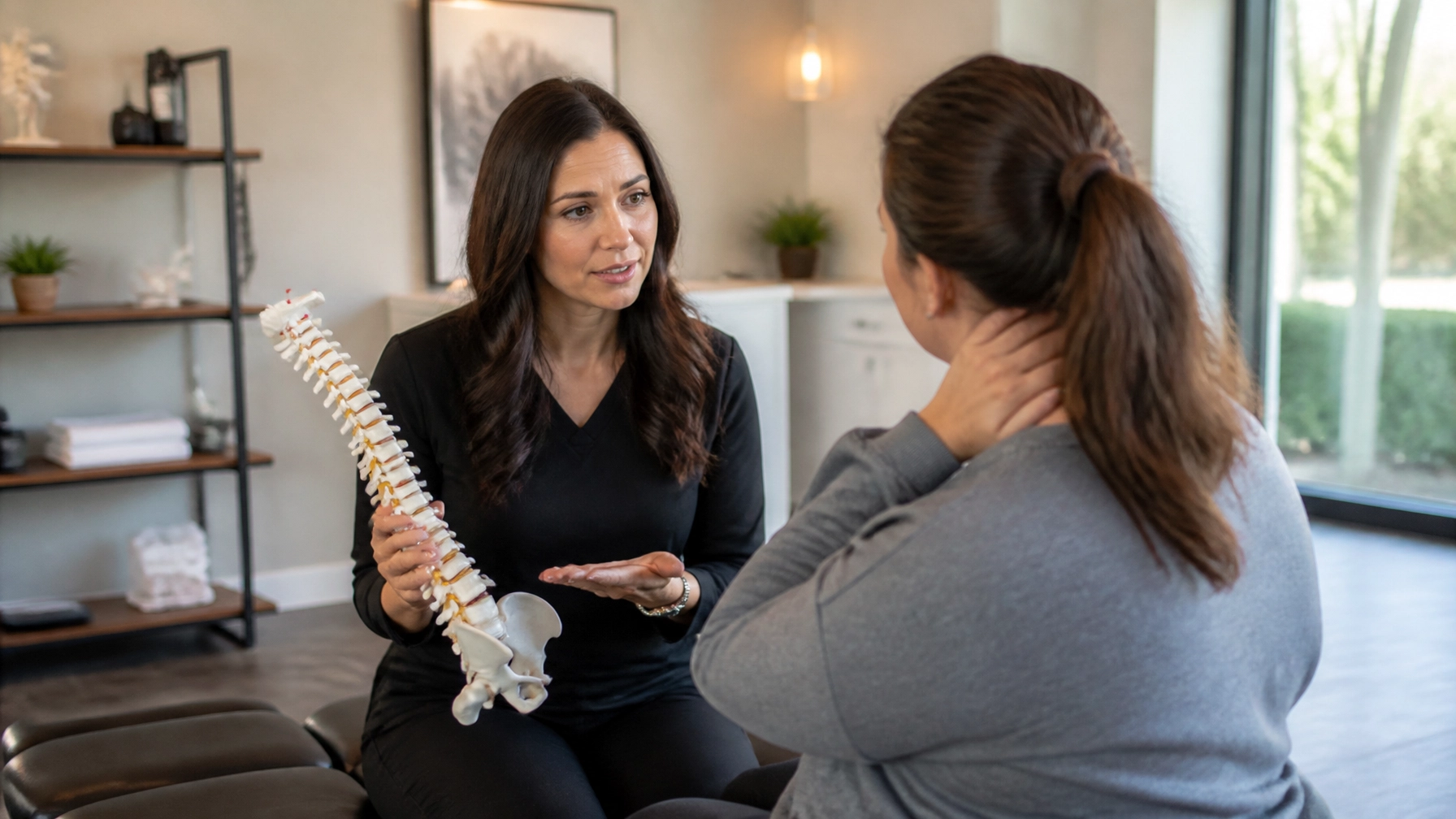 Healthcare professional explains spinal model to patient in a clinic setting. The model shows a human spine and pelvis in focus.