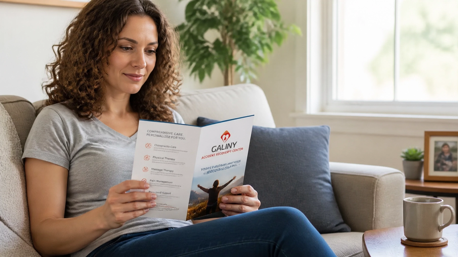 Woman with curly hair sits on a beige sofa reading a brochure about a recovery center, with a plant and window in the background.