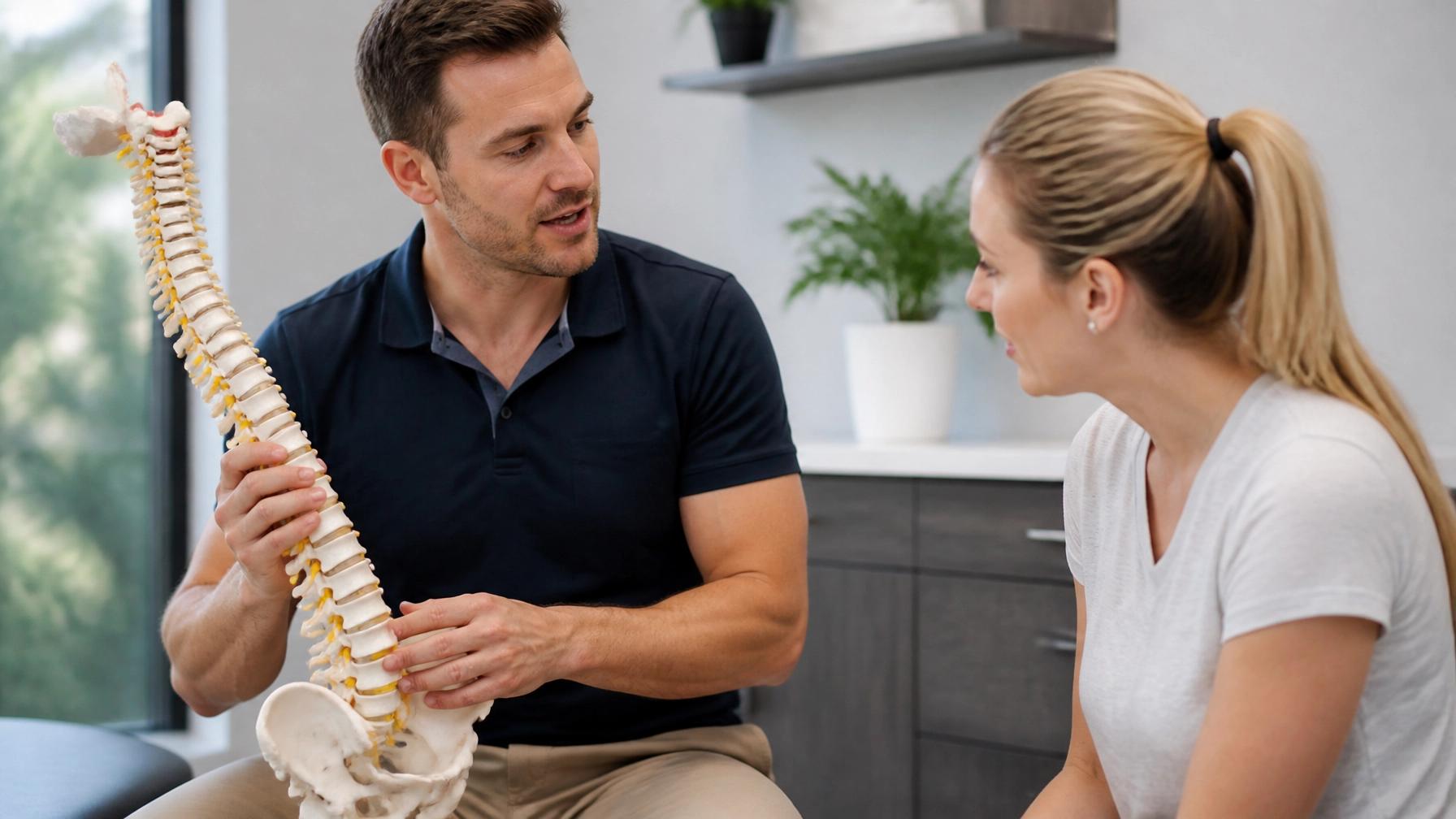 Chiropractor shows a spinal model to a patient in a clinic, explaining back anatomy.